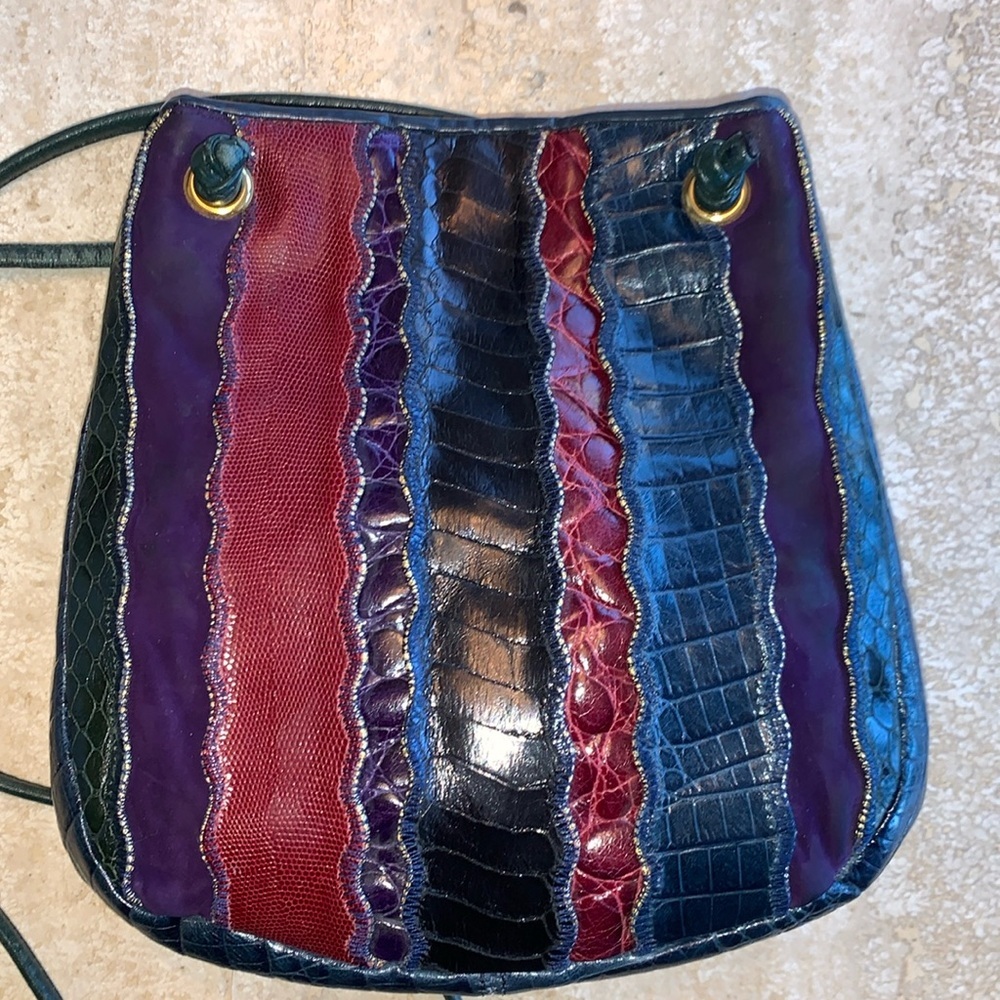 SHARIF vintage shoulder bag, strips of leather & suede, navy, maroon, purple VTG - Picture 3 of 17